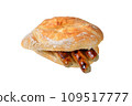 Bavarian street food, three grilled Nuremberg sausages, served in a fresh crispy roll 109517777