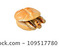 Bavarian street food, three grilled Nuremberg sausages, served in a fresh crispy roll 109517780