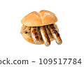 Bavarian street food, three grilled Nuremberg sausages on sauerkraut served in a fresh roll 109517784