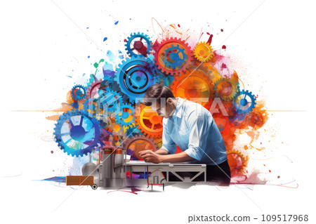 AI-generated content. Mechanical engineer during the work 3d colorful illustration - Generative AI. AI-generated content. Mechanical engineer during the work 3d colorful illustration - Generative AI. 109517968