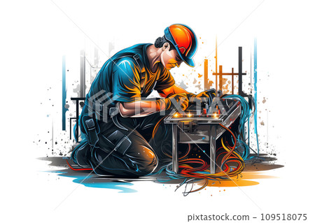 AI-generated content. Electrician during the work 3d colorful illustration - Generative AI. 109518075