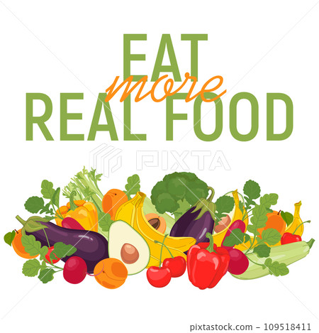 Poster encouraging people to eat more natural fruits and vegetables. vector farm products on a white background. Radish, broccoli, zucchini, eggplant, banana, cherry, apricot, avocado in cartoon style 109518411