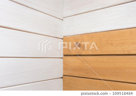 Wooden white brown boards corner plank joint interior part sample wall decoration design 109518484