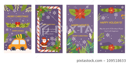 Social media Christmas stories template with copy space. Vertical banner with plants branches, car in snow with tree, candy cane frame, Santa Claus, poinsettia. 109518633