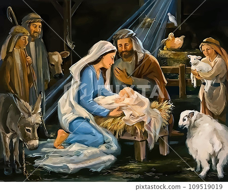 Mary and Joseph with the baby in the stable. Birth of Jesus Christ Mary and Joseph with the baby in the stable. Birth of Jesus Christ 109519019