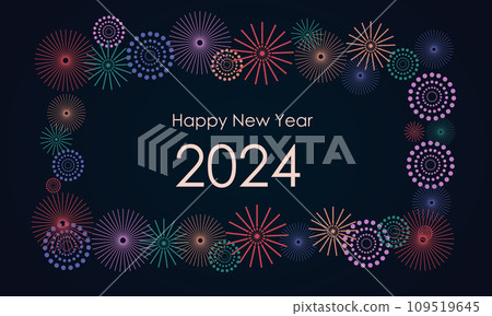 fireworks and balloons on a dark background, text "Happy New Year 2024". Flat design. fireworks and balloons on a dark background, text "Happy New Year 2024". Flat design. 109519645
