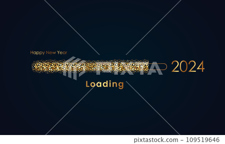 fireworks and balloons on a dark background, text "Happy New Year 2024". Flat design. 109519646