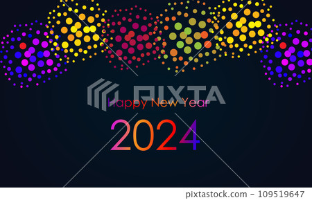 fireworks and balloons on a dark background, text "Happy New Year 2024". Flat design. 109519647