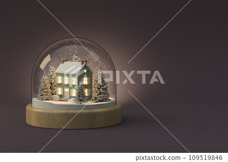 Christmas snow globe on white with house and tree inside 3D illustration Christmas snow globe on white with house and tree inside 3D illustration 109519846
