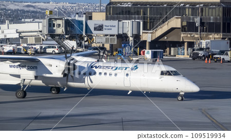 Calgary, Alberta, Canada, Nov. 3, 2023. A side view of a Westjet airplane at the Calgary International Airport. Calgary, Alberta, Canada, Nov. 3, 2023. A side view of a Westjet airplane at the Calgary International Airport. 109519934
