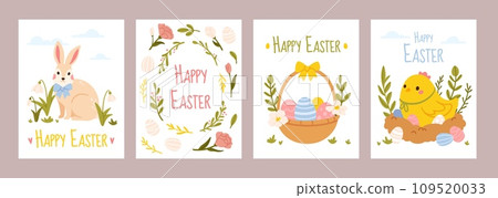 Happy Easter posters. Holiday greeting cards with bunny, spring snowdrop flowers, basket with Easter eggs and cute yellow chick. Vector banner set Happy Easter posters. Holiday greeting cards with bunny, spring snowdrop flowers, basket with Easter eggs and cute yellow chick. Vector banner set 109520033