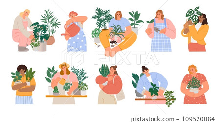 Girls takes care houseplants. Young woman watering interior indoor green plants in pot. Lady growing home potted flowers in pots. Vector set Girls takes care houseplants. Young woman watering interior indoor green plants in pot. Lady growing home potted flowers in pots. Vector set 109520084
