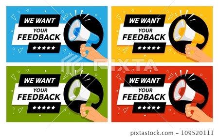 We want your feedback. Banner with hand holding megaphone. Marketing advertisement speech signs. Customers leaving their feedbacks. Vector template We want your feedback. Banner with hand holding megaphone. Marketing advertisement speech signs. Customers leaving their feedbacks. Vector template 109520111