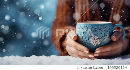 AI-generated content. girl in a knitted sweater holds a cup in her hands, snowy winter background, Generative AI  109520114