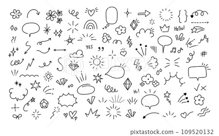 Sketch pen design elements. Doodle simple brush stickers. Hand drawn speech bubble, decorative signs, emotion effects icon. Stars, arrow, sparkle, line shape. Vector set 109520132