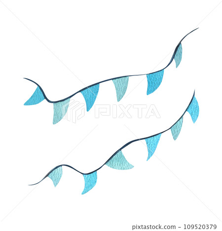 Garlands with flags blue, turquoise, triangular. Watercolor illustration hand drawn in children's style. Set of isolated elements on a white background 109520379