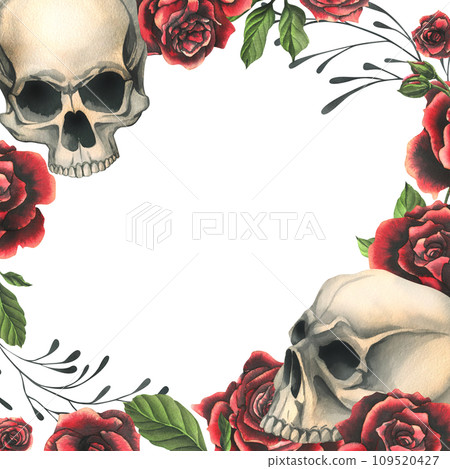 Human skulls realistic with black and red roses, green leaves and black branches. Hand drawn watercolor illustration. Creepy frame, template for decoration and design on a white background 109520427