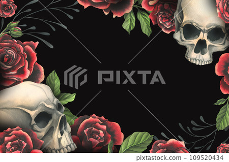 Human skulls realistic with black and red roses, green leaves and black branches. Hand drawn watercolor illustration. Creepy frame, template for decoration and design on a black background Human skulls realistic with black and red roses, green leaves and black branches. Hand drawn watercolor illustration. Creepy frame, template for decoration and design on a black background 109520434