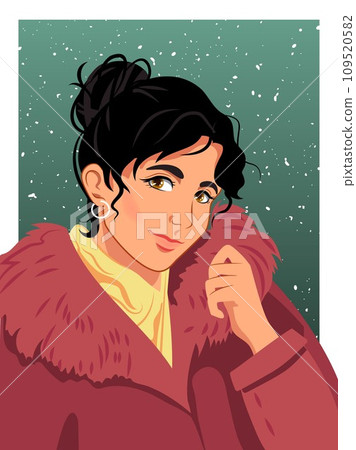 Girl with hair in bun in maroon coat, snowfall Girl with hair in bun in maroon coat, snowfall 109520582