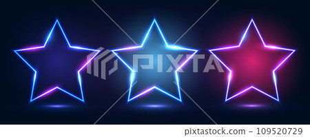 A set of three neon frames in the shape of a star with shining effects and highlights on a dark blue background. 109520729