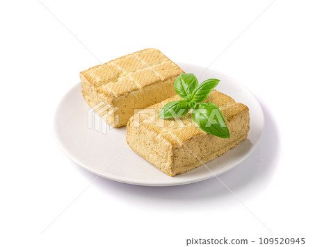 Tofu Cheese Isolated, Smoked Vegan Cheese Slice, Sliced Soya Bean Curd, Soy Protein or TSP 109520945