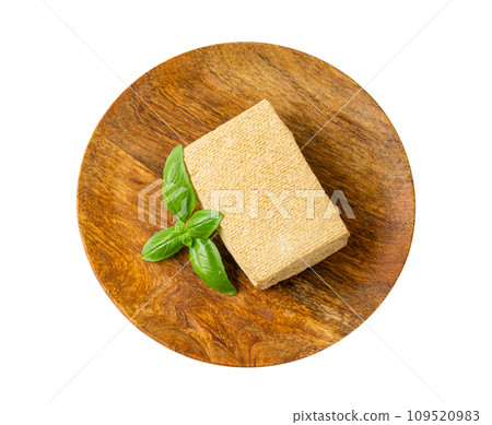 Tofu Cheese Isolated, Smoked Vegan Cheese Slice, Sliced Soya Bean Curd, Soy Protein or TSP 109520983