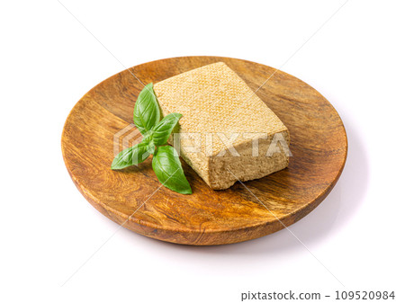 Tofu Cheese Isolated, Smoked Vegan Cheese Slice, Sliced Soya Bean Curd, Soy Protein or TSP 109520984