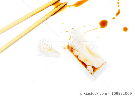Spilled Soy Sause Isolated, Teriyaki Drops, Oyster Sauce, Balsamic Vinegar Puddles on White Background 109521069