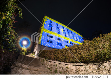 Christmas light decorations projected on the palaces in Udine, Italy Christmas light decorations projected on the palaces in Udine, Italy 109521191