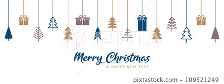 hanging christmas tree and gift decoration greeting card vector illustration 109521249