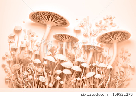 AI-generated content. 3D rendering of paper-cut plants and mushrooms in peach color. 109521276
