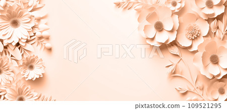 AI-generated content. 3D rendering of paper-cut plants and flowers on a background. Space for copying. The copy space is peach-colored. AI-generated content. 3D rendering of paper-cut plants and flowers on a background. Space for copying. The copy space is peach-colored. 109521295