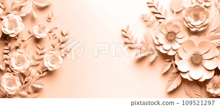 AI-generated content. 3D rendering of paper-cut plants and flowers on a background. Space for copying. The copy space is peach-colored. AI-generated content. 3D rendering of paper-cut plants and flowers on a background. Space for copying. The copy space is peach-colored. 109521297