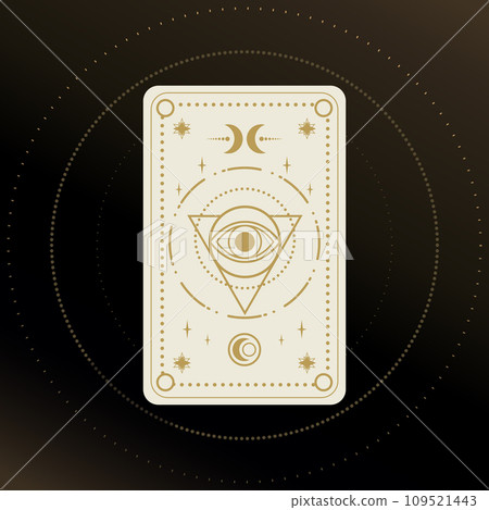 Gold and white Tarot card with a magical eye and crescent decorated with geometric shapes. Tarot symbolism. Mystery, astrology, esoteric. Vector illustration 109521443
