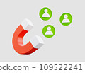 Customer attraction with magnet, attracting followers, business strategy 3d render. Magnets and profile icon  isolated 3d illustration   109522241