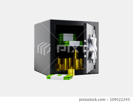 Save vault box full of money 3d render. Financial crisis, global recession, Concept of financial safety, secure savings, cash in vault.  109522243