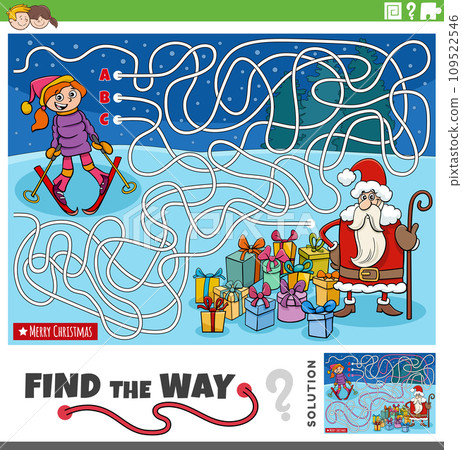 maze game with cartoon Santa Claus and skiing girl maze game with cartoon Santa Claus and skiing girl 109522546