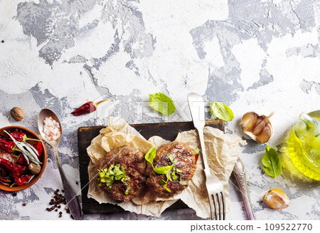 Pork cutlets from minced meat. Pan-fried meatballs. Healthy dinner for the family. Pork cutlets from minced meat. Pan-fried meatballs. Healthy dinner for the family. 109522770