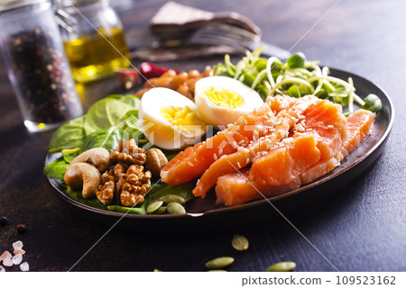 Keto diet breakfast. Salt salmon salad with greens, cucumbers, eggs and avocado. Keto diet breakfast. Salt salmon salad with greens, cucumbers, eggs and avocado. 109523162