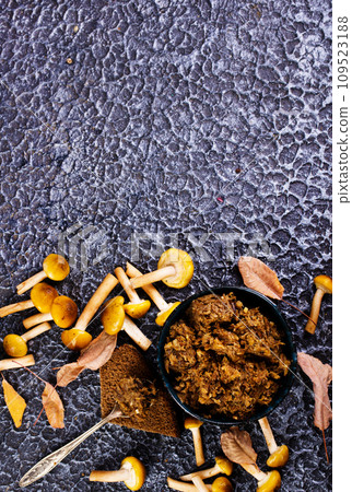 Frying pan with fried mushrooms on dark background Frying pan with fried mushrooms on dark background 109523188