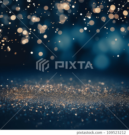 Golden glitter on a dark blue bokeh background. Winter seasonal, Christmas, and New Year celebration background design for a social media post. Generative AI. 109523212