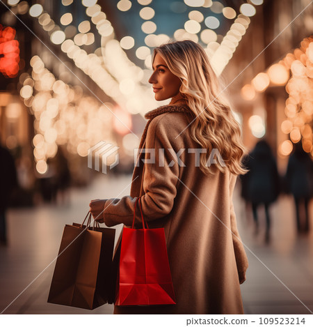 A woman is holding red shopping bags and watching a shop beside her. Shopping in a market with blurred Christmas ambience background. Generative AI. 109523214