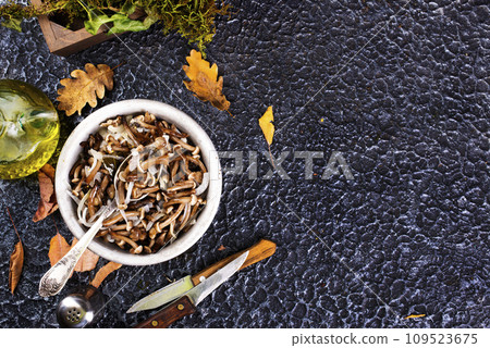 Wild pickled mushroom in the bowl snack Wild pickled mushroom in the bowl snack 109523675