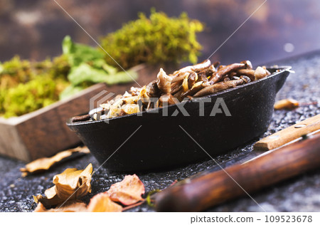 Frying pan with fried mushrooms on dark background Frying pan with fried mushrooms on dark background 109523678