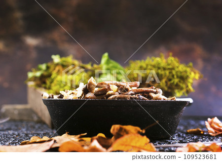 Frying pan with fried mushrooms on dark background Frying pan with fried mushrooms on dark background 109523681