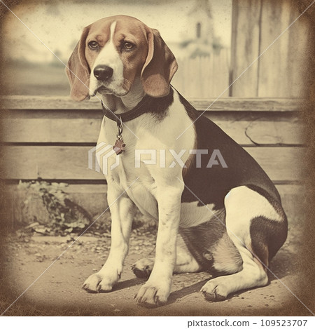 Beagle dog, engraving style, close-up portrait, black and white drawing, cute dog, hunting breed, favorite pet 109523707