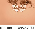 The shiny glamorous shoes were left behind after the party. The background is peach color. 109523713