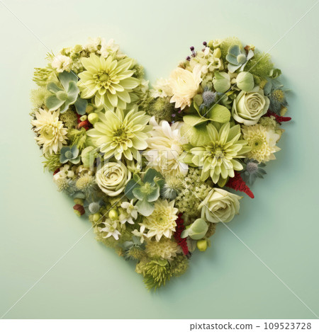 AI-generated content. The heart is lined with beautiful succulents and flowers on a light background.  109523728