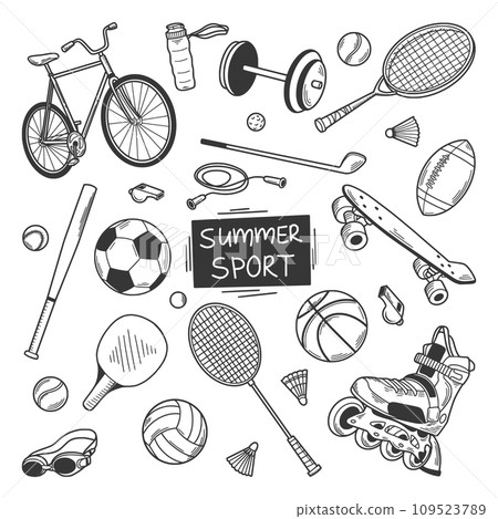 Hand drawn sport equipment icon set in doodle style. Vector illustration isolated on white background. 109523789