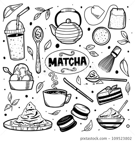 Set of hand drawn Japanese matcha tea ingredient and traditional ceremony elements, matcha latte, pie, dessert, cup, spoon, matcha leaf 109523802